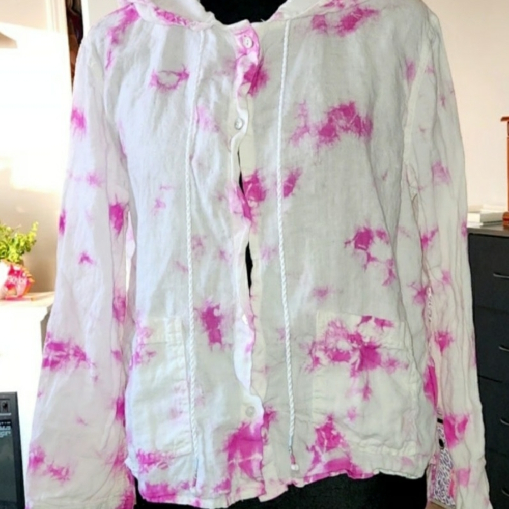 Rachel Zoe Hooded Drawstring Longsleeve Tye Dye Lightweight Button Up Shirt